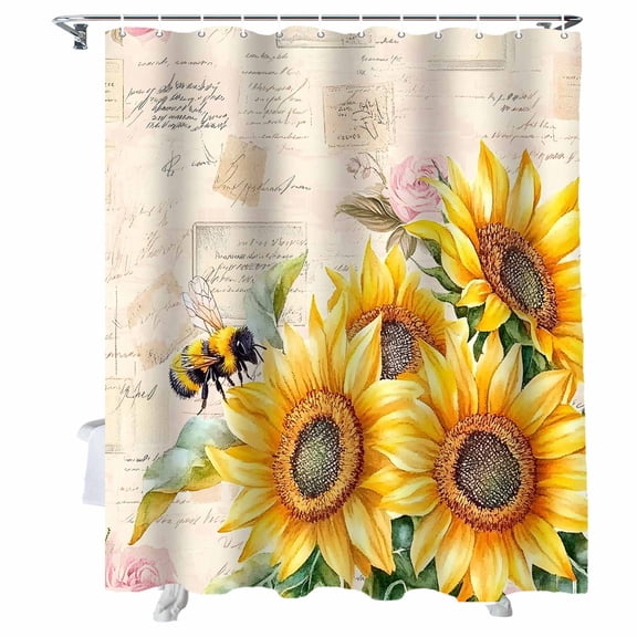 Shower Curtains Watercolor Sunflower Bee Bath Curtain Leaves Floral Vintage Waterproof Bathroom Shower Curtain Set with Hooks Decoration 72 x 84 Inches