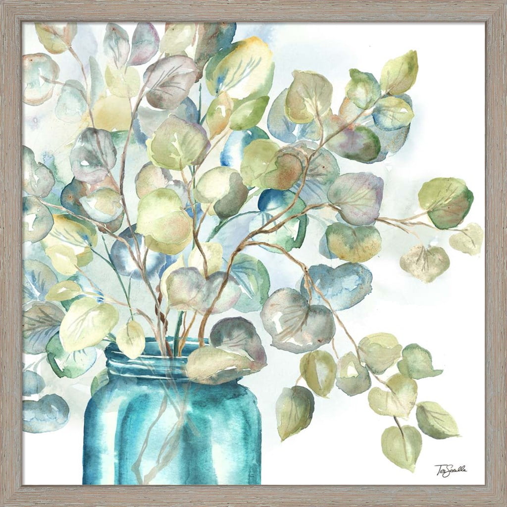 Eucalyptus in Mason Jar II Framed Wall Art with Distressed White Wash Frame