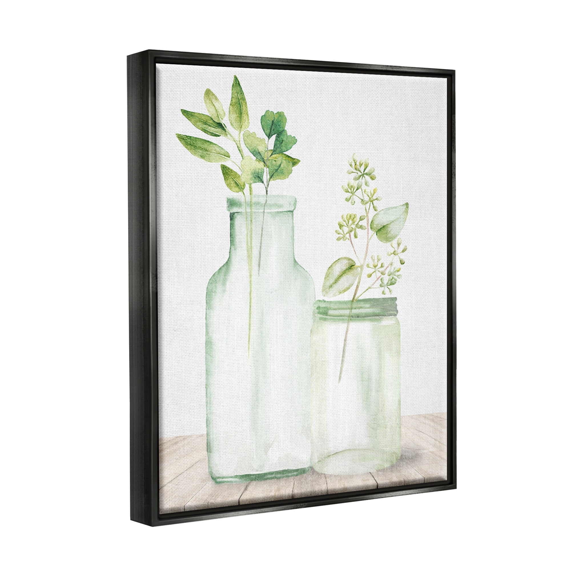 Stupell Industries Herbal Plant Sprigs Country Glass Jars Rustic Painting Graphic Art Jet Black Floating Framed Canvas Print Wall Art, Design by Kim Allen