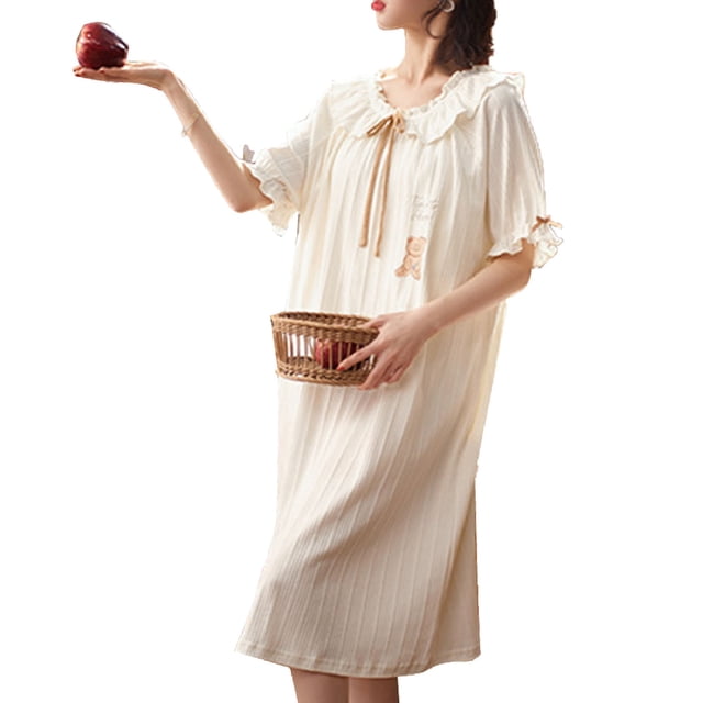 Camisón con ribete de volantes,Vestido de dormir de manga corta para mujer, camisón con mangas abullonadas, resultados impresionantes