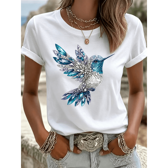 Short-sleeved T-shirt featuring a hummingbird print; regular fit with a crew neck; designed for women, suitable for spring and summer wear.