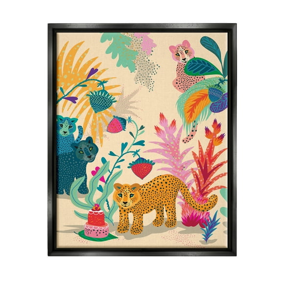 Stupell Industries Spotted Leopards with Cake Animals & Insects Painting Black Floater Framed Canvas Art Print Wall Art, 17 x 21
