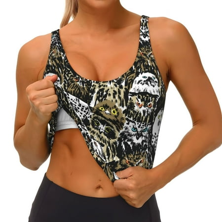 Qokaie Ink Graffiti Owl Pattern Womens Scoop Neck Sports Bra Breathable Workout Vest Padded U Back Medium Impact Fitness Gym Yoga Bra Workout Crop Top
