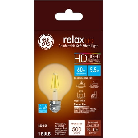 GE Lighting 36855 Clear Finish Light Bulb Relax HD Dimmable LED G25 Decorative Globe 5.5 (60-Watt Replacement), 500-Lumen Medium Base, 1-Pack, Soft White