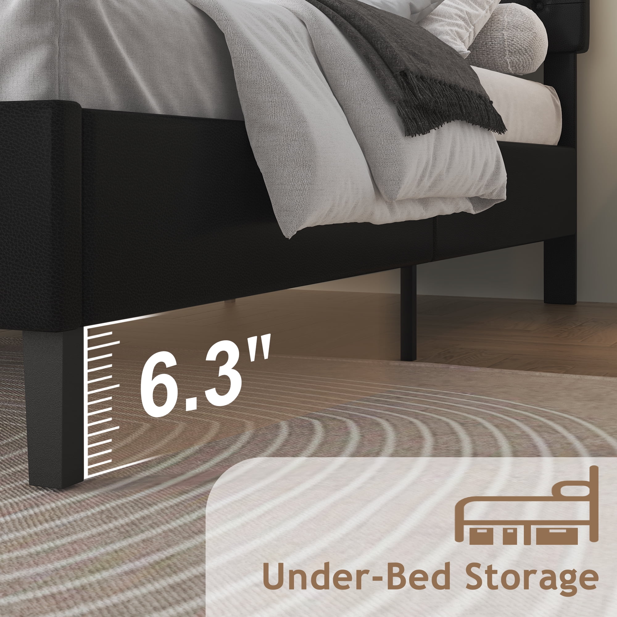 4 EVER WINNER Queen Bed Frame, Queen Upholstered Platform Bed with Button Tufted Headboard, Black