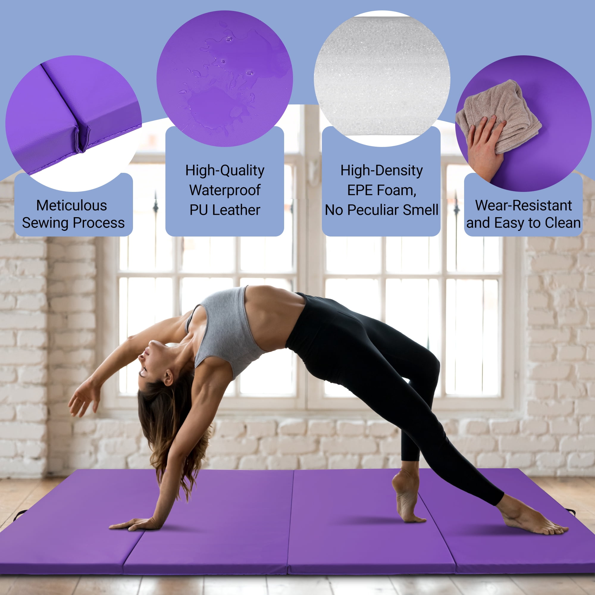 BalanceFrom Versatile 4'x8'x2" High-Density Gym Mats - Extra Thick, Anti-Tear, Easy-Clean, Foldable for Aerobics, Yoga, Martial Arts, with Durable Vinyl and Velcro, Purple