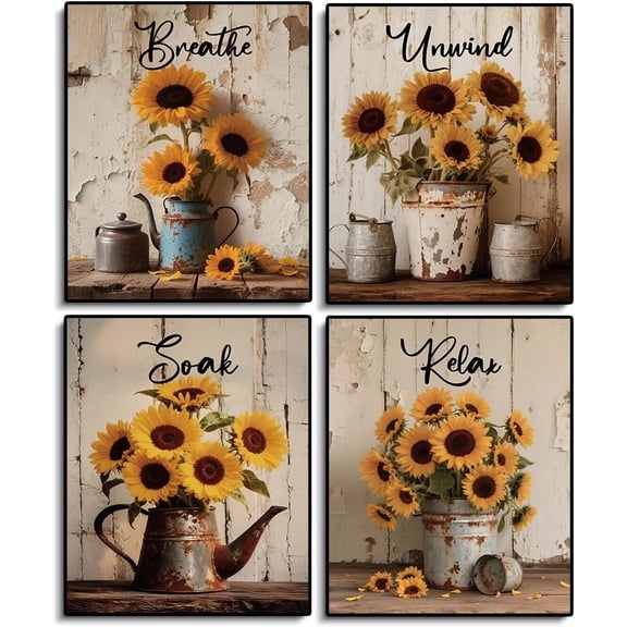 Vintage Sunflower Bathroom Canvas Wall Art Wildflower Pictures Country Kitchen Wall Decor Rustic Flower Posters Artwork for Bathroom Living Room Home Decorations 8x10 inch Unframed