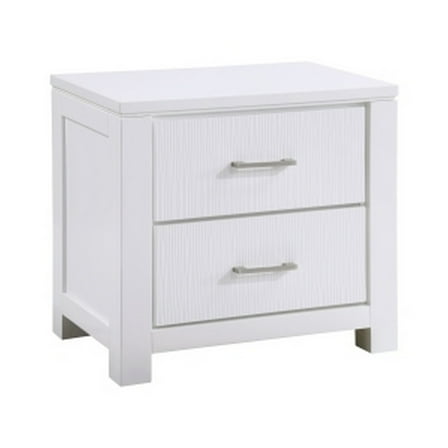 Benjara BM313194 26 in. Roni Nightstand with 2 Drawer & Embossed Design, White & Chrome Solid Wood