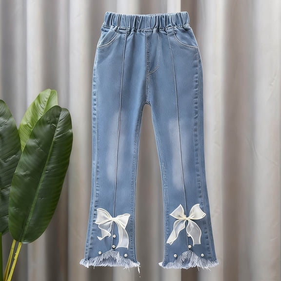 Hurxi Girl's Baggy Wide Leg Jeans High Elastic Waisted Denim Pants Casual Jeans with Bow Y2K Streetwear Light Blue,12-13 Years
