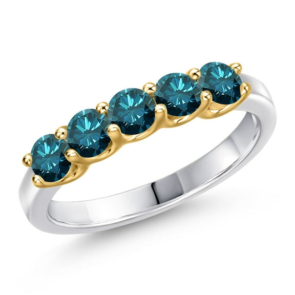 Gem Stone King 925 Silver and 10K Yellow Gold Blue Diamond Wedding-Bands Ring for Women | 0.75 Cttw | Round 3.5MM | Gemstone April Birthstone | Size 6
