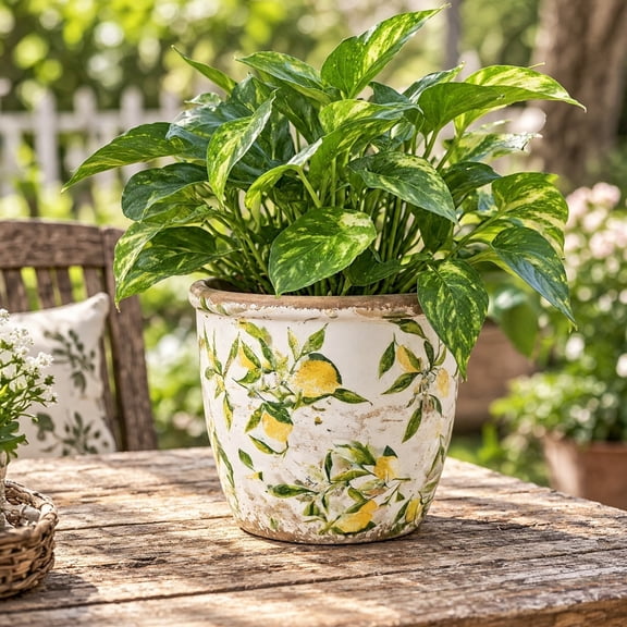 Vintage Ceramic Flower Pot - Retro Lemon Themed Planter with Crackle Glaze for Indoor and Outdoor Patio, Succulents, Pothos and Money Trees