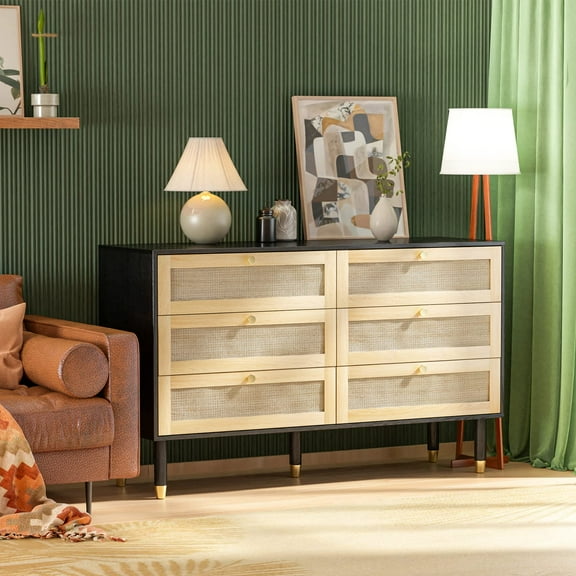 Ktaxon Modern 6 Drawer Dresser Fluted Wood Chest of Drawers with Soft Close Slides Storage Cabinet for Bedroom, Living Room, or Entryway Black