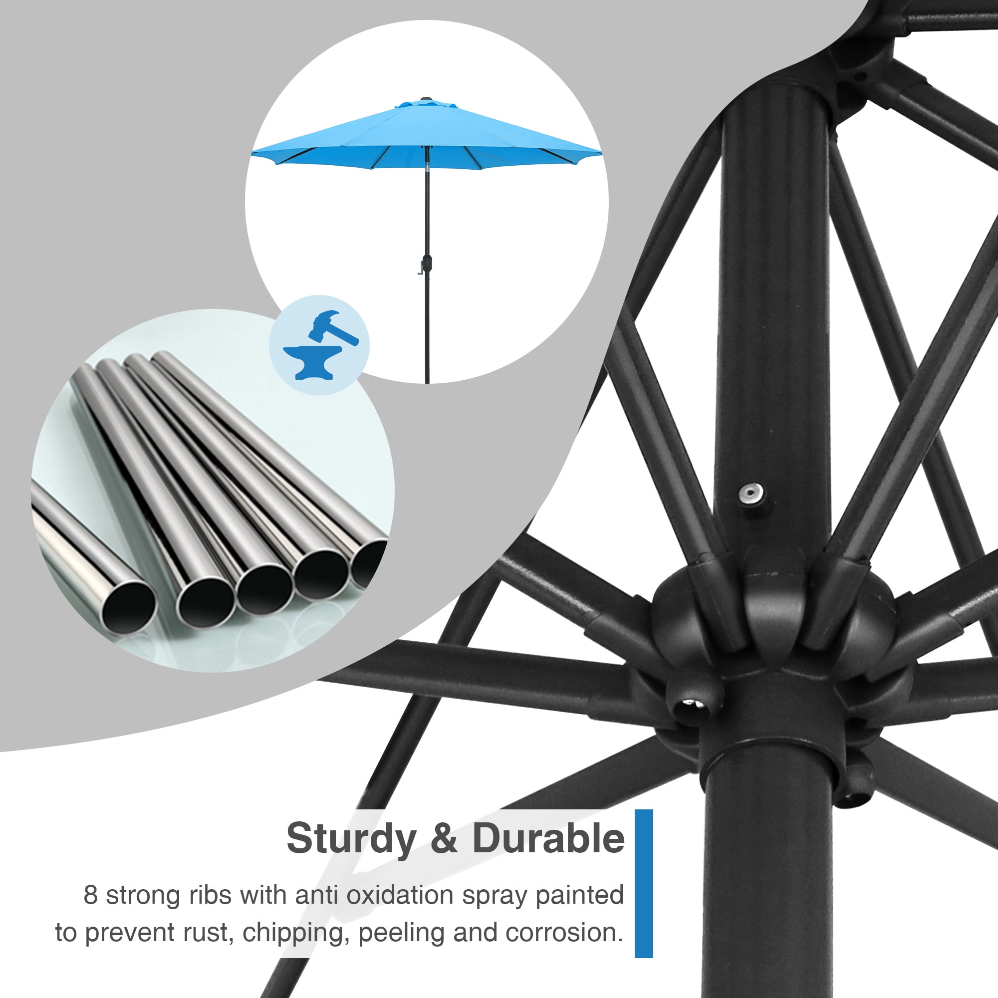 Kool 10FT Outdoor Patio Umbrella with Push Button Tilt and Crank Handle, Market Umbrella with 8 Sturdy Umbrella Ribs, Aqua