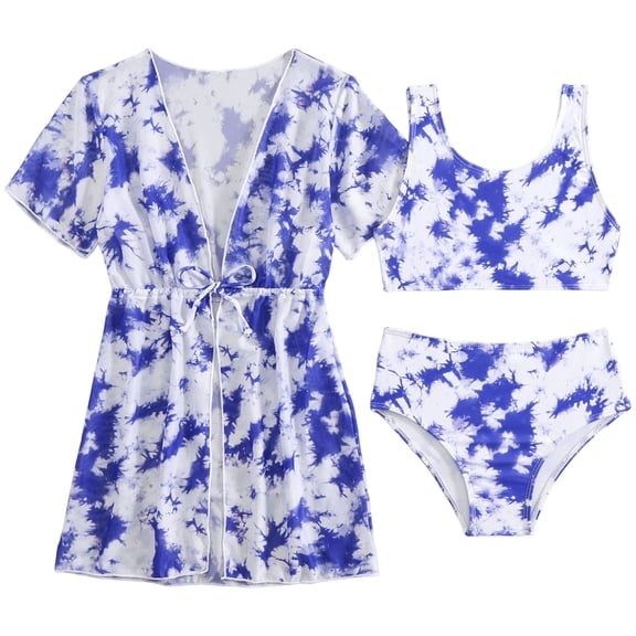 Ymyiu Cute Bathing Suits for Teens Girls Swimsuit 3 Piece Bathing Suits Cute Quick Dry Bikini Sets with Cover Ups Beach Skirt Size 12-13 Years (Blue,12-13 Years)