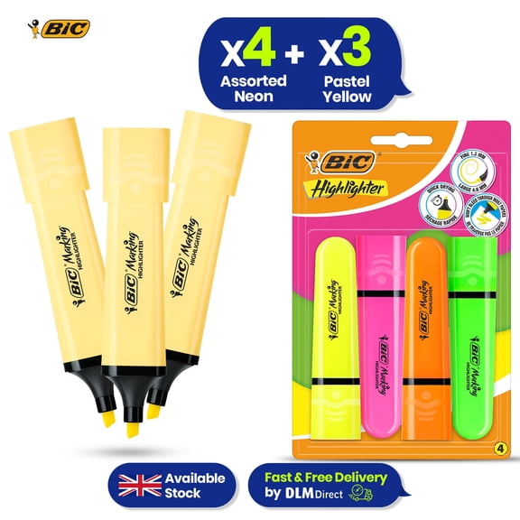 BIC Highlighter Flat Marker Pastel Yellow Pack of 3 & 4x Assorted Neon Chisel Tip Markers