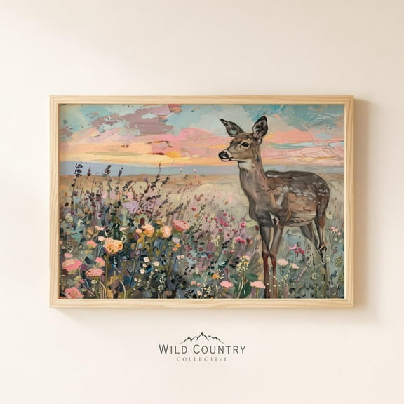 Deer Fawn Poster Woodland Nursery Wall Art Vintage Wildflower Field Sunset Landscape Print UNFRAMED Poster, Wall Art for Decor, Present, 8x12