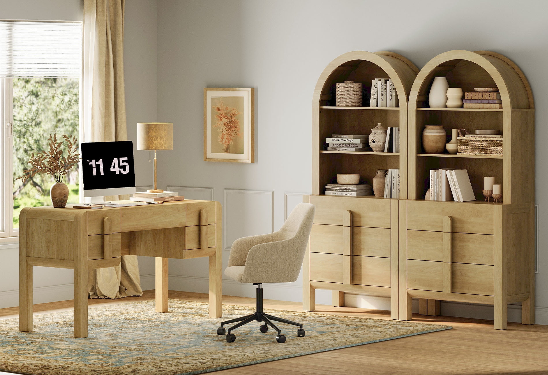 Home Office Set, 53.5" Modern Executive Desk with Charging Station and Drawers & 2 Piece 71"H Tall 3-Tier Arched Bookcases with Open Storage for Living Room, Bedroom, Home Office