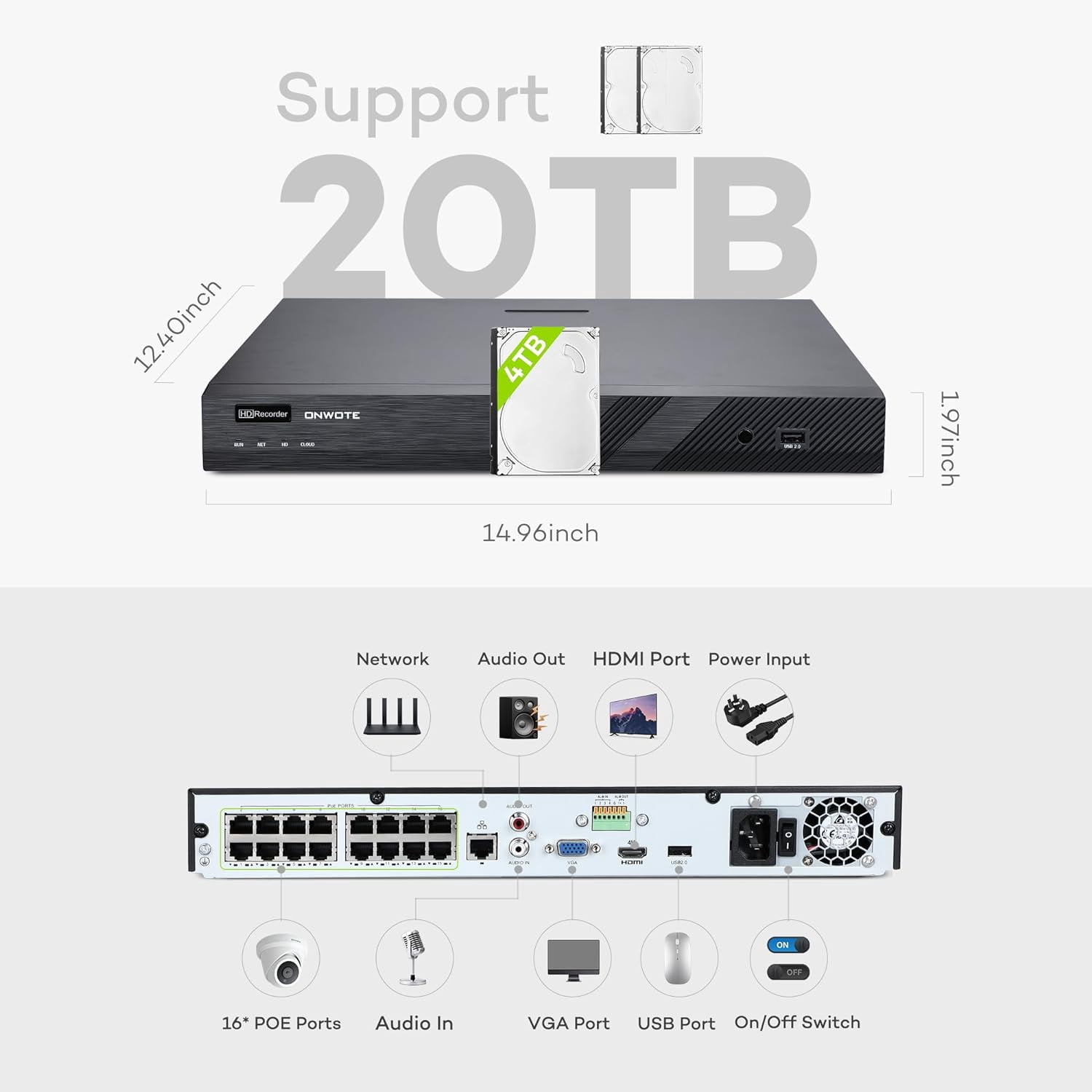 ONWOTE 16 Channel 4K 8MP PoE Security Camera System, AI-Human-Detection, 16CH 8MP NVR with 4TB HDD for 24/7 Recording, 8pcs Commercial 4K PoE IP Cameras Wired with Audio, 2-Storage-Bay