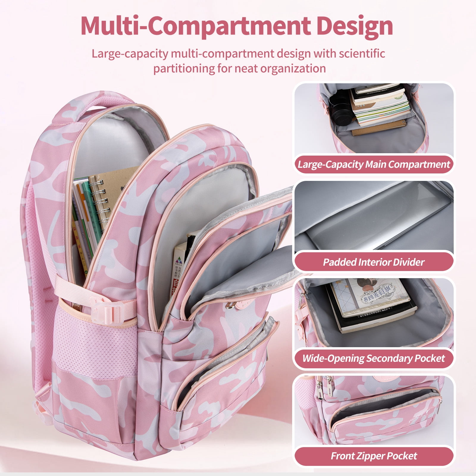 Ficcug Girls School Backpacks,Fashion School Bag for Kids Teens,35L Waterproof Students Bookbags for Elementary Middle,Pink