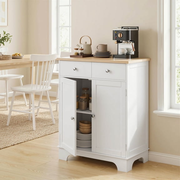 HOMCOM Kitchen Storage Cabinet, Sideboard Floor Cupboard with Solid Wood Top, Adjustable Shelf, and 2 Drawers for Living Room, White
