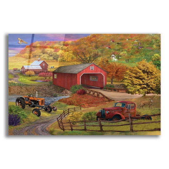Epic Art 'Fall Bridge' by Bigelow Illustrations, Acrylic Glass Wall Art, 16"x12"