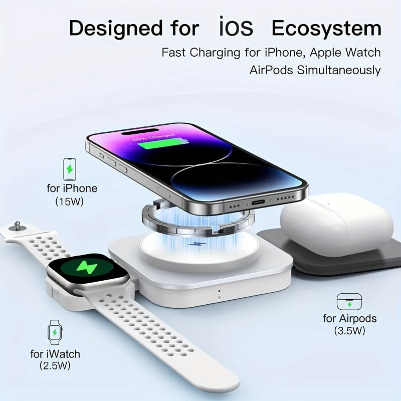 3-in-1 Foldable Charger for Apple Devices, Compatible with iPhone 17, 12, Watch Series 1, 9, and AirPods