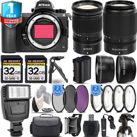 Nikon Z6 II Mirrorless Camera with 50-250mm f/4.5-6.3 VR Lens + 24-70mm f/4 S Lens + 4 PC Macro Set + 3 PC Filter Set + 64GB + Flash + Handbag