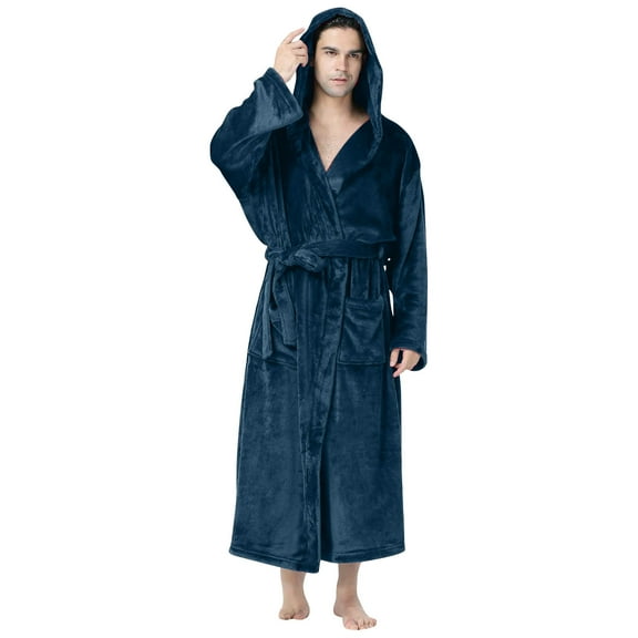 SHTXOZHI Men's Flannel Robe Warm Fleece HoodedSpa Bathrobe Winter Soft Robes with Pockets