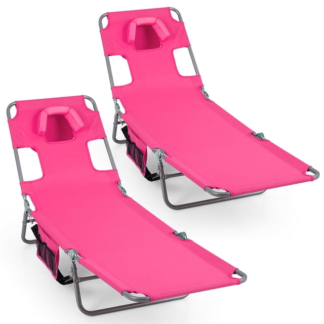 Gymax 2PCS Tanning ChairFolding Beach Lounge Chair w/5-Position Adjustable Backrest Pink