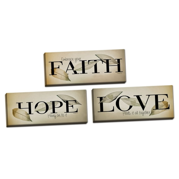 Gango Home Decor Contemporary Embrace Your Faith, Hope - Hang On to It, & Love Holds It All Together by Robin-Lee Vieira (Ready to Hang); Three 20x8in Hand-Stretched Canvases