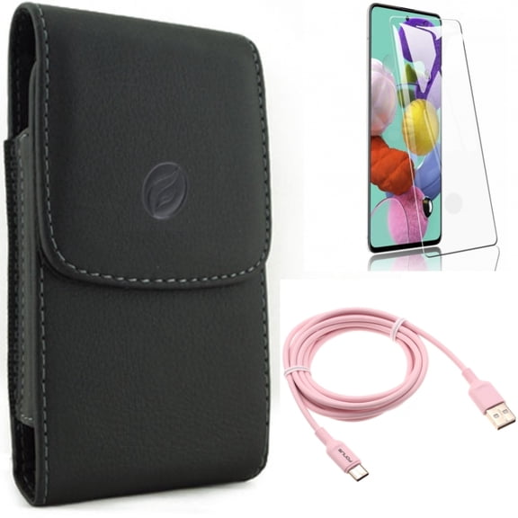 Screen Protector w 6ft USB-C Cable w Case Belt Clip for Samsung Galaxy S20 - Tempered Glass [Fingerprint Unlock], Pink Charger Cord, Leather Holster A9B fits Samsung Galaxy S20 Model