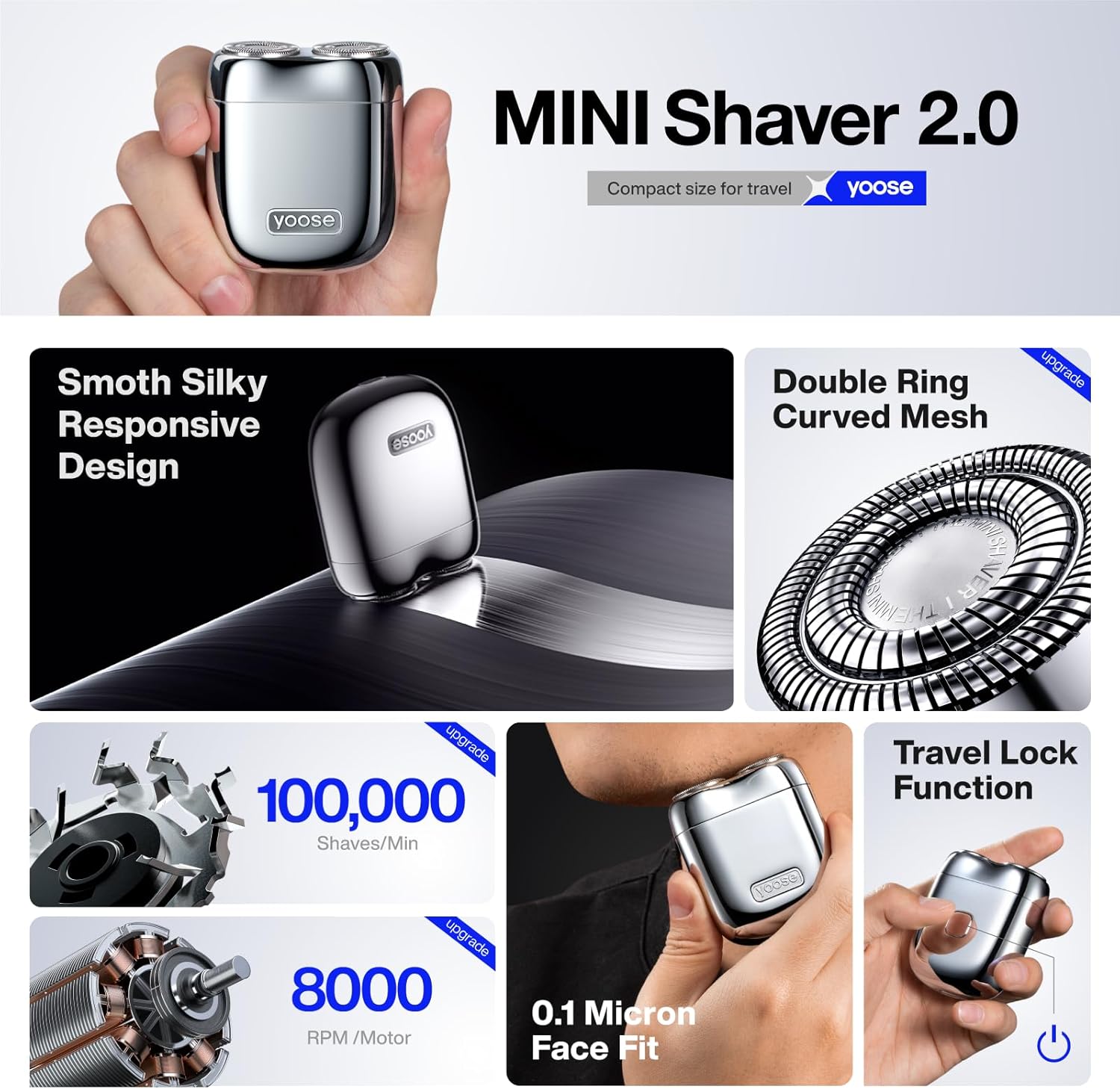 yoose Portable Electric Razor Magnetic Detachable Head with Case, USB-C quick charging, Silver