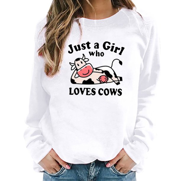 Sudadera con estampado de vacas de cambio de cuello redondo de manga larga suelta divertida vintage para mujer Fridja fhghd1961