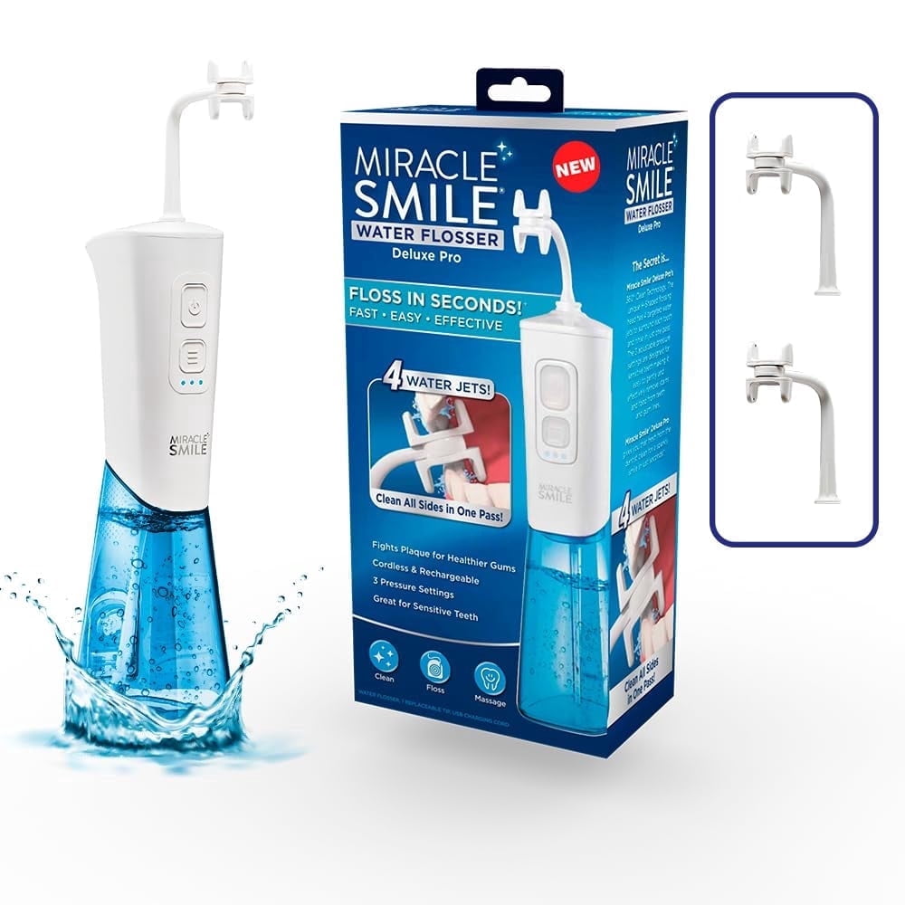 Deluxe Miracle Smile Cordless Water Flosser – Portable Oral Irrigator & 360° Teeth and Gum Cleaner with H-Shaped 4-Jet Head, 3 Pressure Modes, USB Rechargeable, 2 Extra Replacement Heads