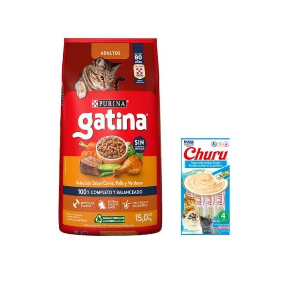 Gatina Pollo 15 kg + Churu Atún con Vieira Sobre con 4 Tubos de 14 g