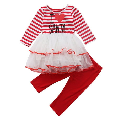 Baby Girls Christmas Outfits Long Sleeve I Love Santa Tutu Dress With Legging Pant 2-3 Year