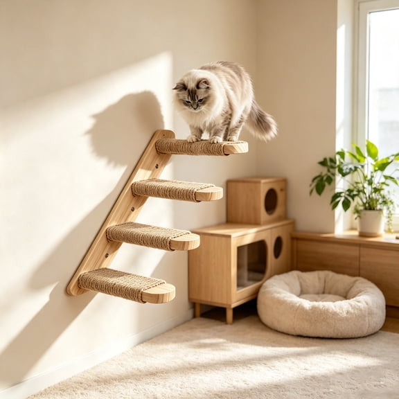 Cat Wall-Mounted Climbing Steps, Multi-Layer Solid Wood with Jute Rope, DIY Indoor Cat Scratching Set, earthy Wood Color, Customizable for Various Walls