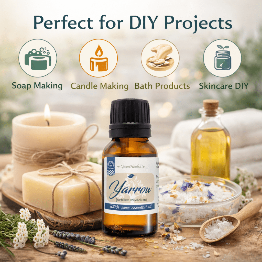 Yarrow Essential Oil – 100% Pure Achillea Millefolium Oil – Aromatherapy Oil for Diffuser, Soap Making, Candle Making –  15 ml (1/2 fl oz) Amber Glass Bottle w/ Euro Dropper – GreenHealt