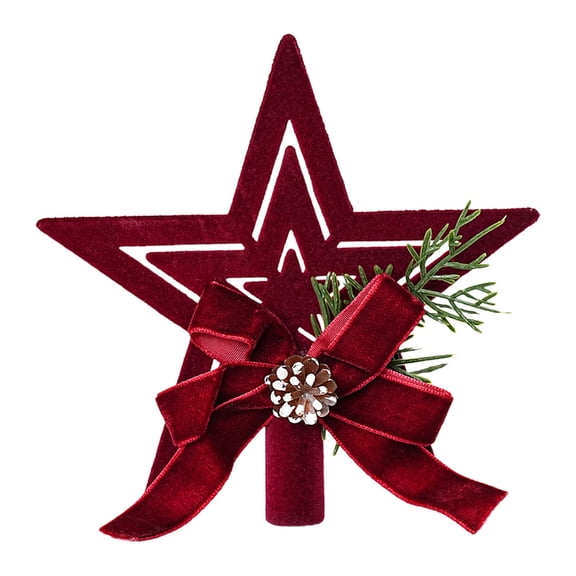 1 Pc Burgundy Velvet Christmas Ornament Set, Velvet Tree Topper, Festive Star Tree Ornament, Decorative Bow Star Topper, Simulated Greenery Holiday Accent, Seasonal Tree Top Decor