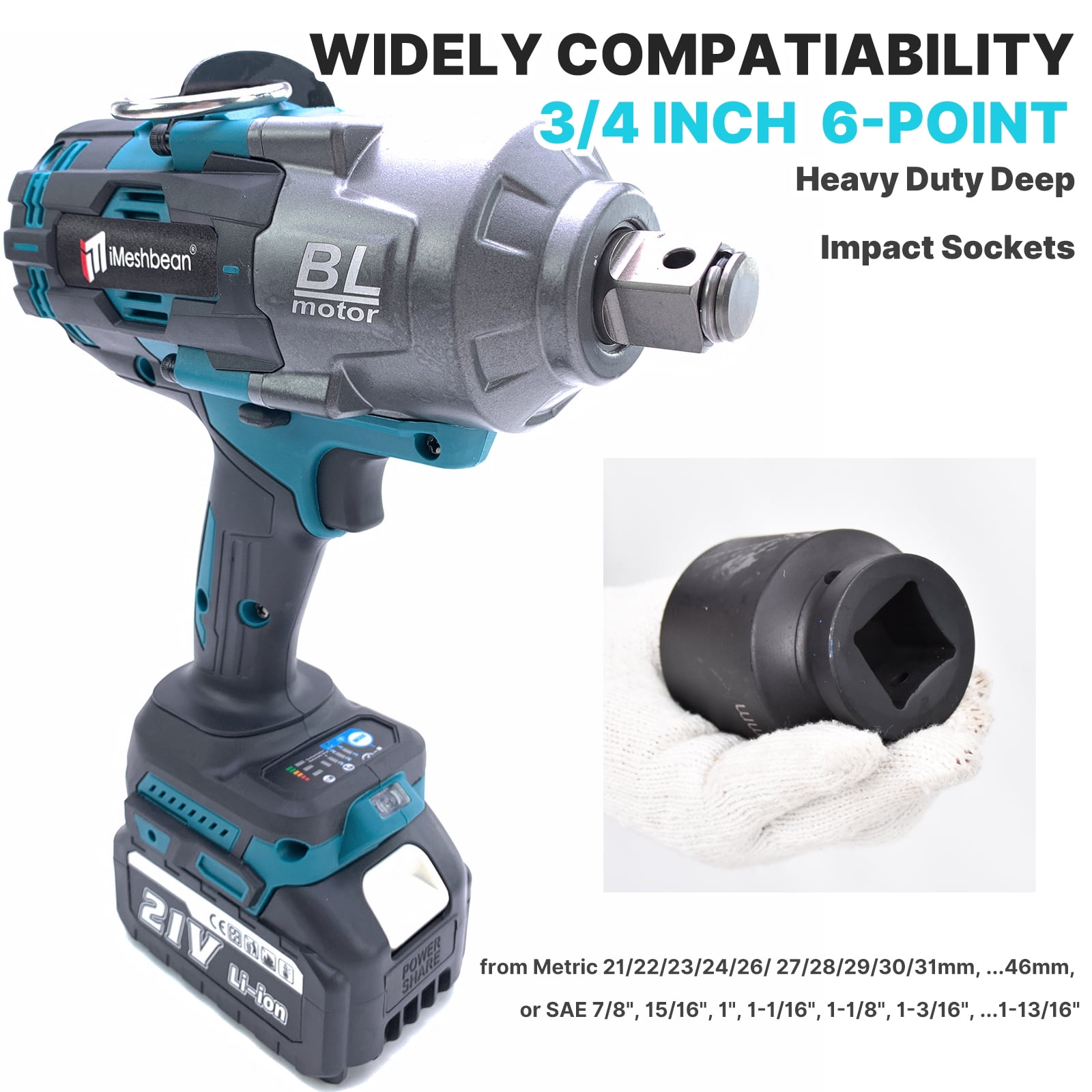 iMeshbean Brushless Cordless 3/4” High Torque Electric Impact Wrench 1549Ft-lbs(2100Nm)