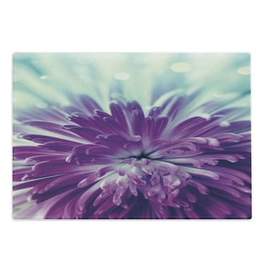 Dahlia Cutting Board, Violet Colored Blooming Close-Up Petals in Pale Sunshine Floral, Decorative Tempered Glass Cutting and Serving Board, Large Size, Mint Green, by Ambesonne