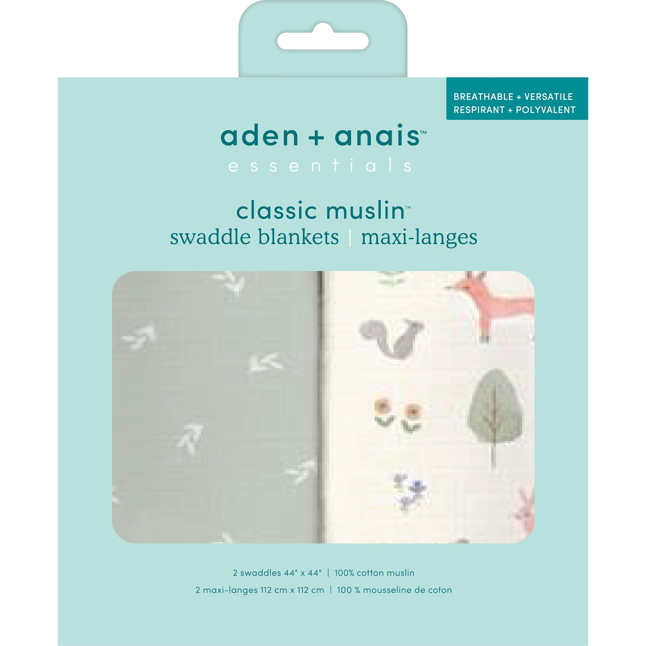 aden + anais Essentials Muslin Swaddle Blankets, Newborn Receiving Blanket for Swaddling, 100% Cotton Baby Swaddle Wrap, 2 Pack, Sage Woodland, Green, Unisex