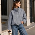 thumbnail image 5 of LNZGNM Plaid Bomber Jacket for Women Zip Up Stand Collar Long Sleeve Jackets Elastic Cuff Loose Lightweight Fall Winter Coat with Pockets,Black (L), 5 of 5