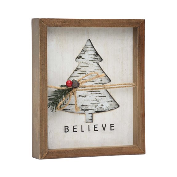 Parisloft Believe Framed Wood Wall Sign with Cutout Christmas Tree, Christmas Wall Decor,  7.8"W  x 9.5"H