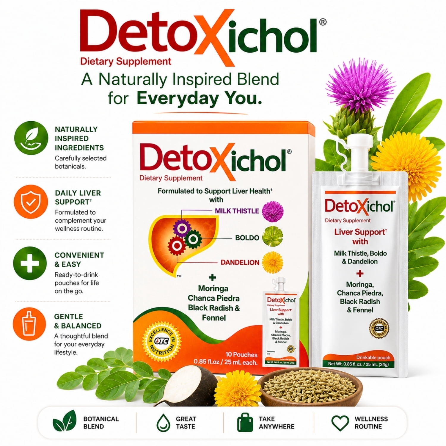 Detoxichol Dietary Supplement with Milk Thistle, Boldo, Dandelion, Moringa, Chanca Piedra, Black Radish & Fennel – 10 Drinkable Pouches (0.85 fl oz Each)
