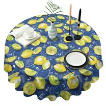 Yellow Lemon Fruit Slices Blue Pattern Round Tablecloth 60"x60",Wrinkle Wipeable Table Cloth for Kitchen Dining Room Picnic Patio Party