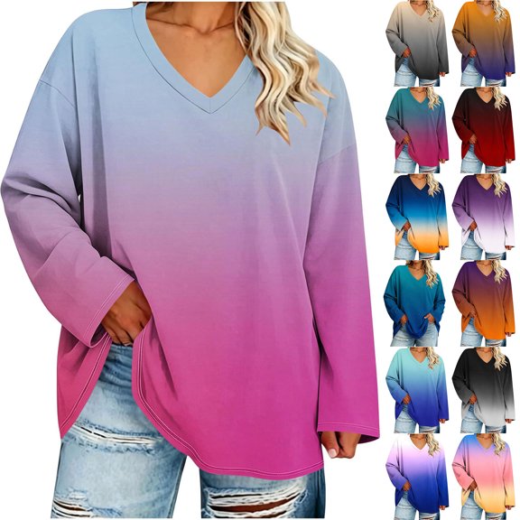 GERsome Long Sleeve Shirts Womens Plus Size Tops V Neck Casual Blouses Fall Shirts Size L