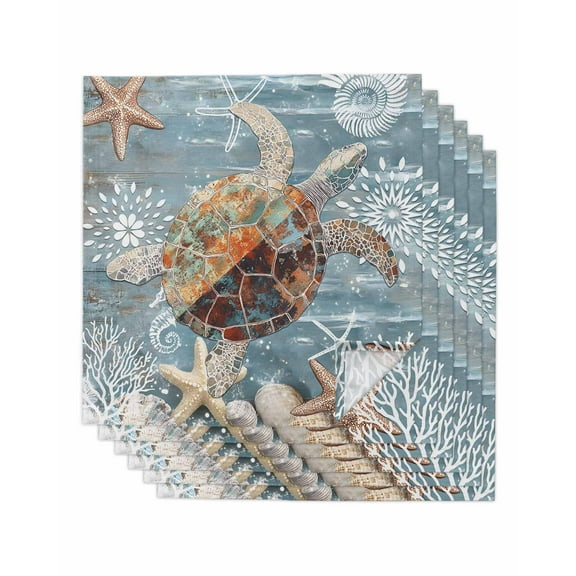 nqOlkjepod Coastal Turtle Cloth Napkins Set of 6 Reusable Dinner Napkins, Teal Nautical Ocean Starfish Coral Cocktail Napkin Washable Table Napkins for Wedding/Holiday Party/Baby Shower 20"x20"