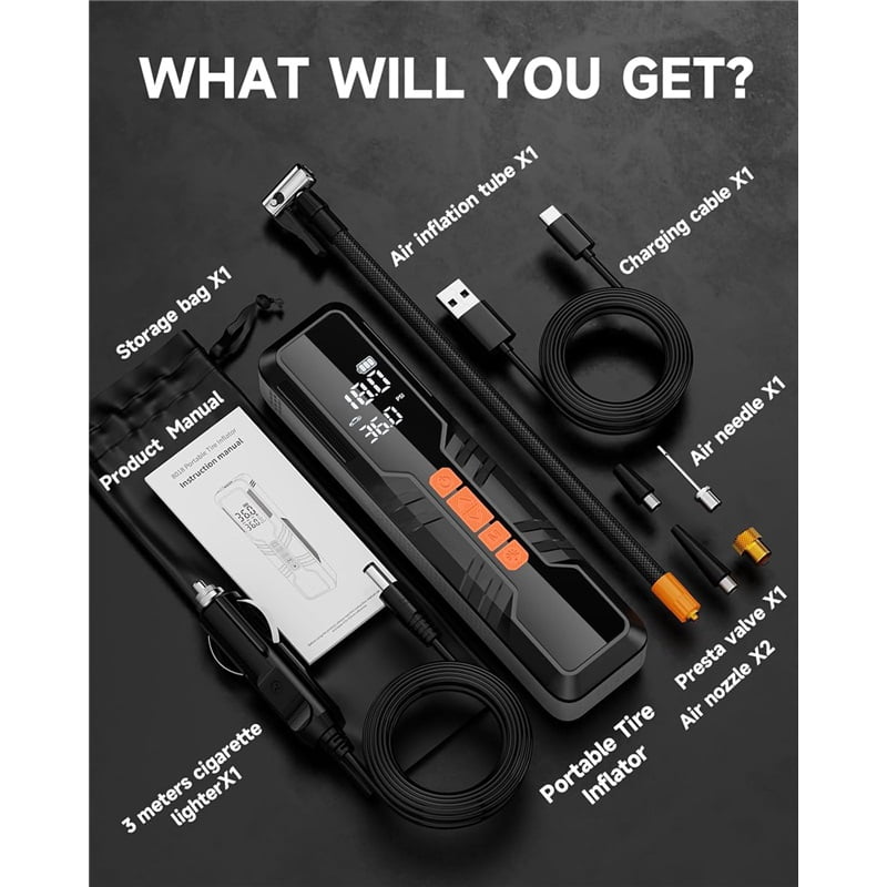 Tire Inflator Portable Air Compressor - 4X Air Pump for Car Tires, 150PSI&10000mAh Portable Tire Inflator for Car, 12DC Air Pump with Pressure Gauge/LED Light, Bike/Motorcycle/Ball/Car Accessories
