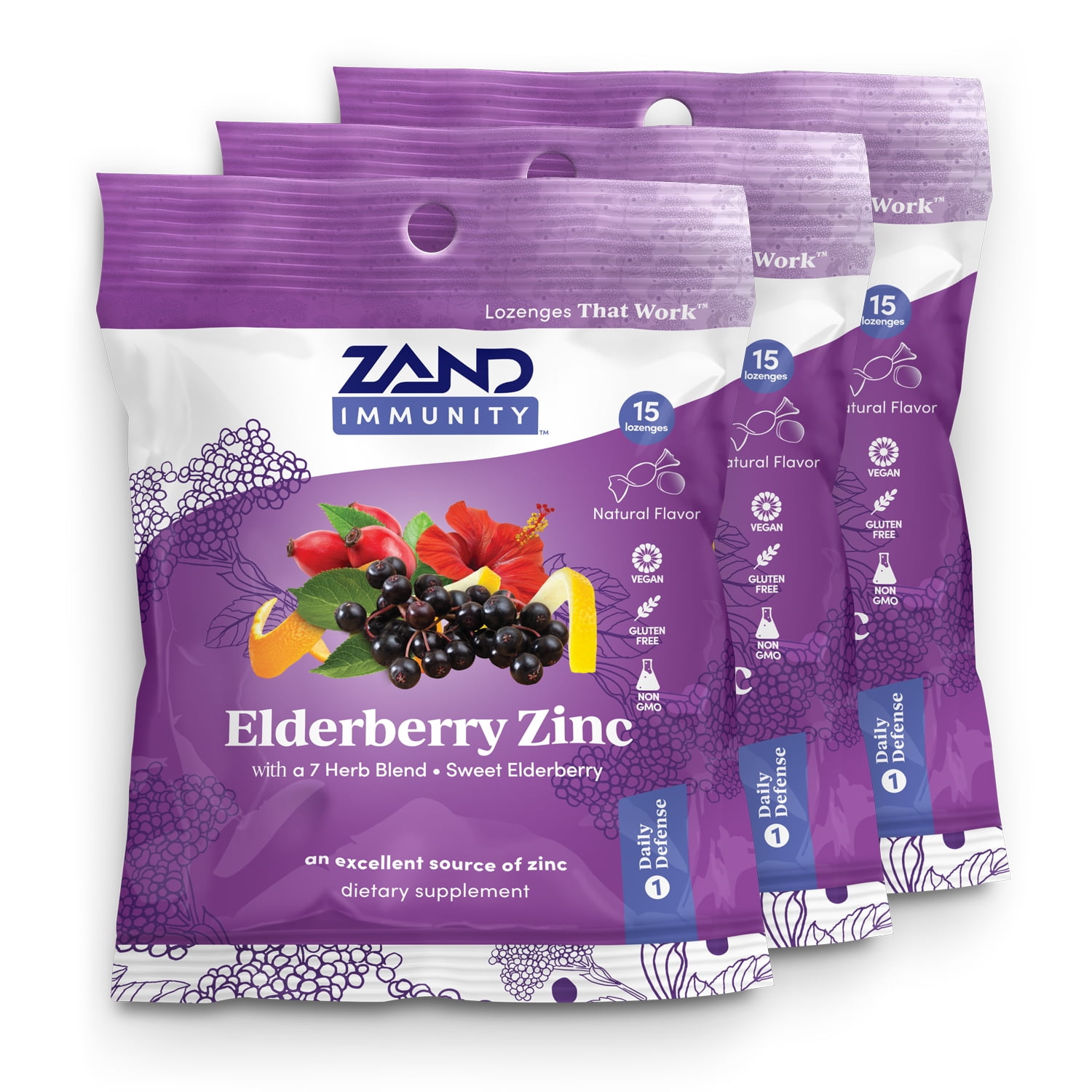 Zand Immunity Elderberry Zinc HerbaLozenge | Immune Support Throat Drops | No Cane Sugar or Corn Syrup (3 Bags, 15 Lozenges)